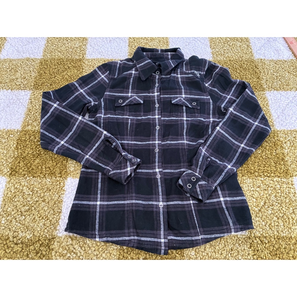 Fox Racing Womens Plaid Flannel Shirt Black Purple Snap Front Cotton Size M